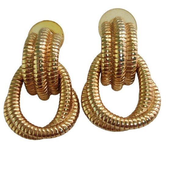 Vintage Goldtone Spiral Door Knocker 80s Pierced Earrings - Picture 1 of 3